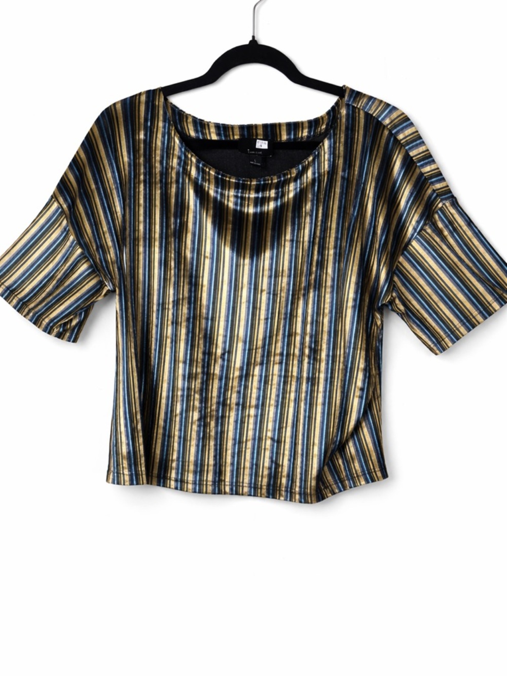 Lumiere Blue Gold Velvet Burnout Striped Short Sleeve Top Blouse Shimmer Formal